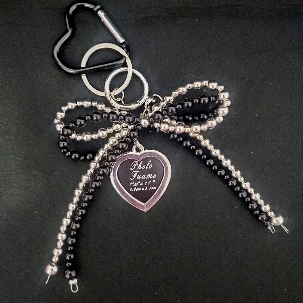 Handmade Beaded Bow Purse Charm With Heart Shaped Picture Frame